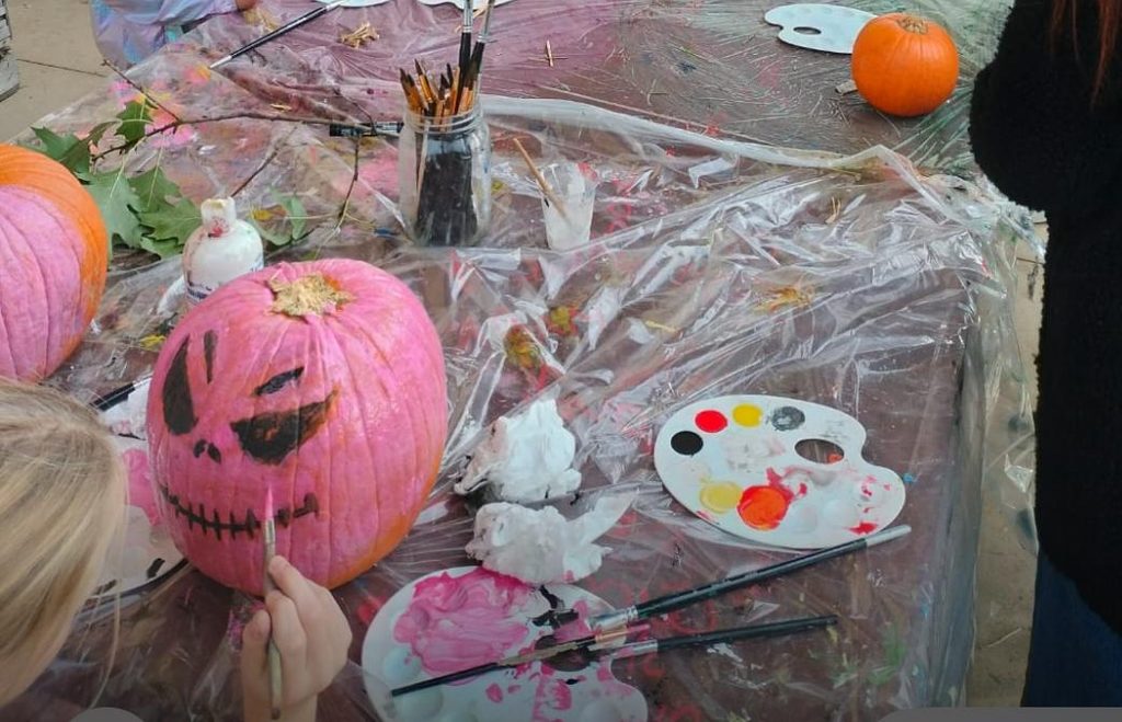 bimba che dipinge di rosa una zucca in un campo di zucche